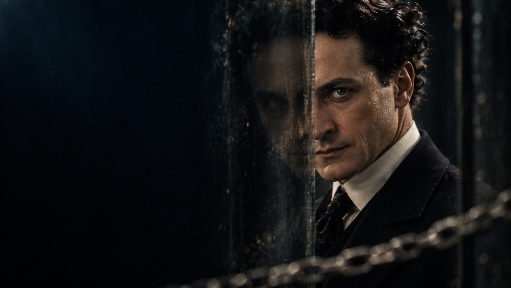 Houdini partially concealed behind dark glass